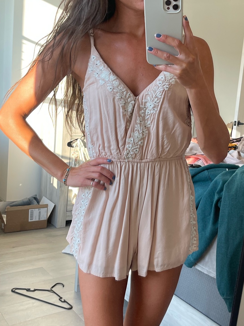 Light Pink Flower Stitched Romper